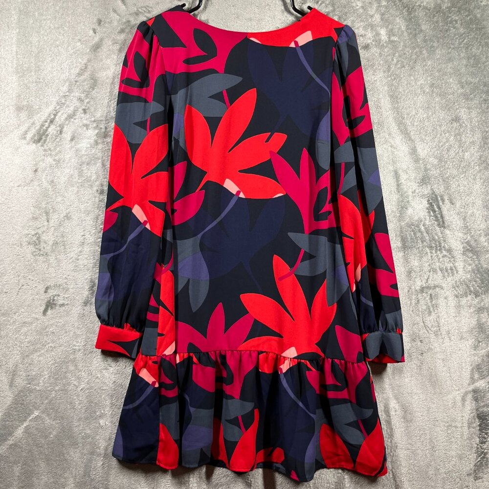 Ann Taylor Loft Dress Medium Red Fleur Floral Shift Long Sleeve Zip Up Preppy